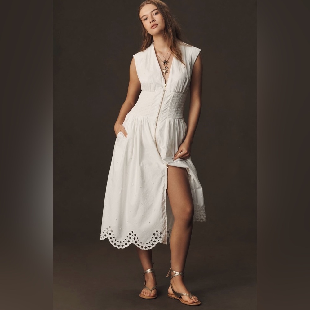 Anthropologie The Tommie Cap-Sleeved Smocked Front-Zip Shirt Dress Size Lp Nwt